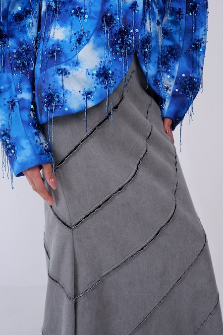 Siddhant Agrawal_Gray Denim, Cotton, Georgette Stone Whisper Skirt _at_Aza_Fashions