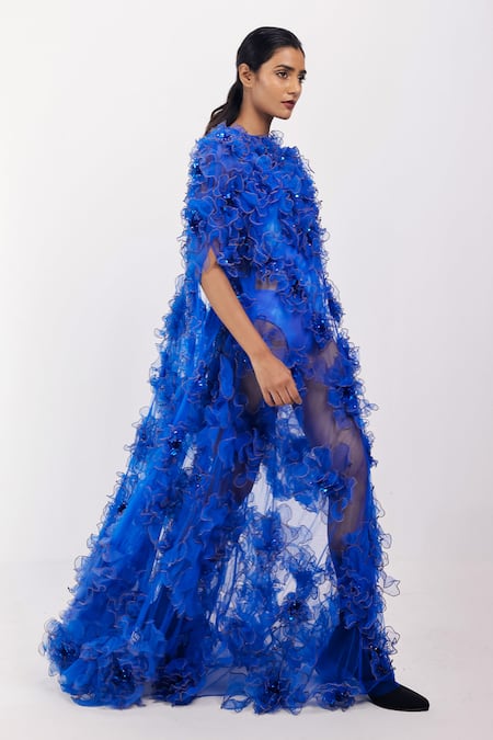 Siddhant Agrawal Blue Tulle, Cotton Applique, Sequins Round Neck Veldon Whisper Gown Online at Aza Fashions Siddhant Agrawal_Blue Tulle, Cotton Applique, Sequins Round Neck Veldon Whisper Gown _Online_at_Aza_Fashions