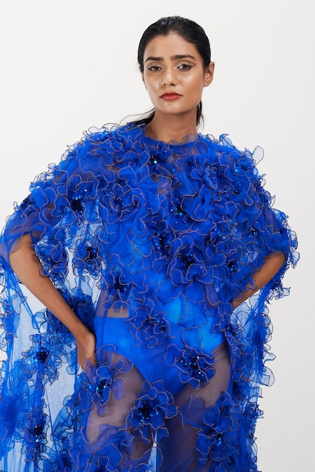Siddhant Agrawal Blue Tulle, Cotton Applique, Sequins Round Neck Veldon Whisper Gown at Aza Fashions Siddhant Agrawal_Blue Tulle, Cotton Applique, Sequins Round Neck Veldon Whisper Gown _at_Aza_Fashions