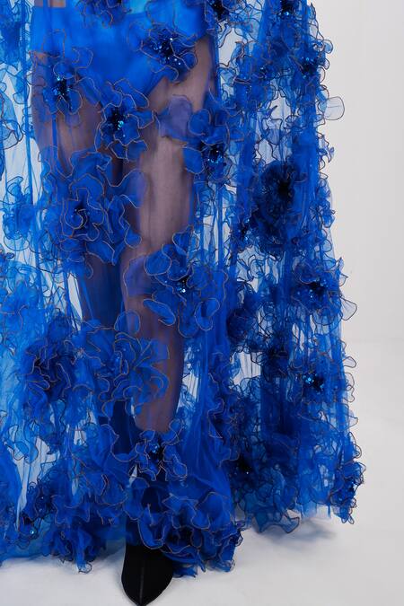 Buy Siddhant Agrawal Blue Tulle, Cotton Applique, Sequins Round Neck Veldon Whisper Gown Buy_Siddhant Agrawal_Blue Tulle, Cotton Applique, Sequins Round Neck Veldon Whisper Gown