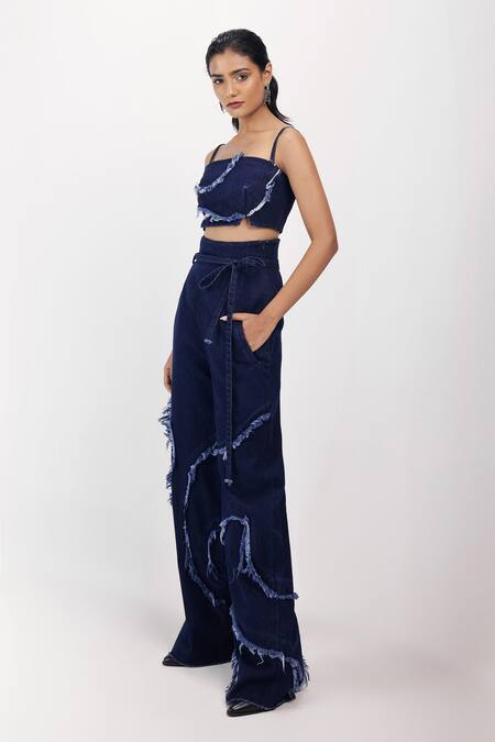 Siddhant Agrawal Blue Denim, Cotton Sweetheart Neck Weathered Indigo Bustier Online at Aza Fashions Siddhant Agrawal_Blue Denim, Cotton Sweetheart Neck Weathered Indigo Bustier _Online_at_Aza_Fashions
