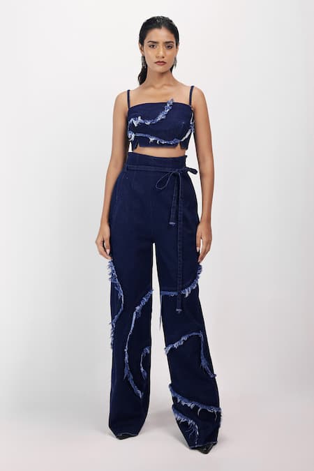 Shop Siddhant Agrawal Blue Denim Weathered Indigo Trouser Online at Aza Fashions Shop_Siddhant Agrawal_Blue Denim Weathered Indigo Trouser _Online_at_Aza_Fashions