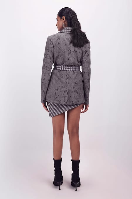 Shop Siddhant Agrawal Gray Crepe, Cotton, Silk Embroidery Collared Corded Whisper Trench Jacket at Aza Fashions Shop_Siddhant Agrawal_Gray Crepe, Cotton, Silk Embroidery Collared Corded Whisper Trench Jacket _at_Aza_Fashions