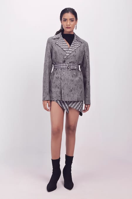Siddhant Agrawal Gray Crepe, Cotton, Silk Embroidery Collared Corded Whisper Trench Jacket 