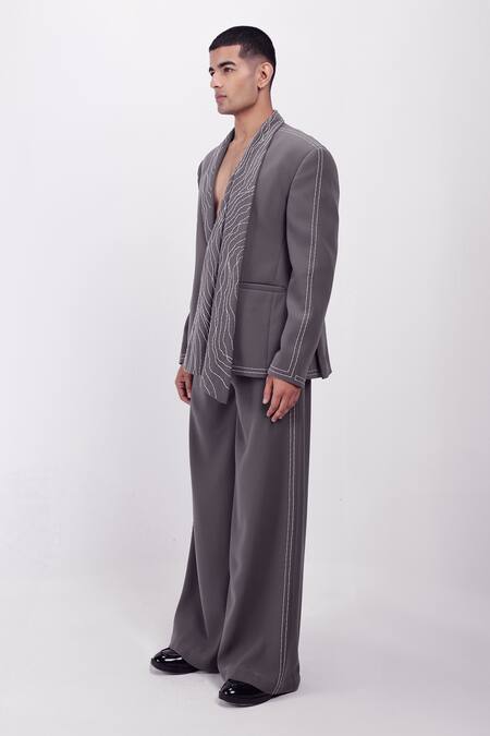 Siddhant Agrawal_Gray Embroidery, Beads Silver Dusk Blazer _Online_at_Aza_Fashions