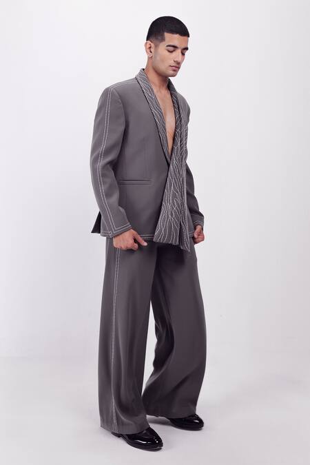 Shop_Siddhant Agrawal_Gray Embroidery, Beads Silver Dusk Blazer _Online_at_Aza_Fashions
