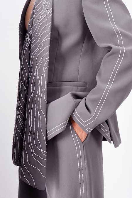 Siddhant Agrawal_Gray Embroidery, Beads Silver Dusk Blazer _at_Aza_Fashions