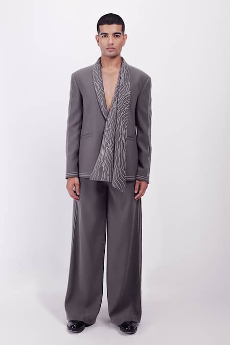 Siddhant Agrawal_Gray Crepe, Satin Embroidery, Beads Silver Dusk Trouser _Online_at_Aza_Fashions