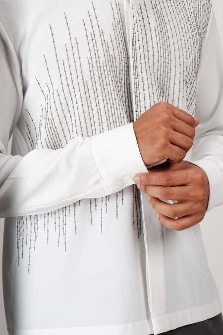 Shop_Siddhant Agrawal_White Embroidery, Beads Ivory Glitch Root Shirt _Online_at_Aza_Fashions