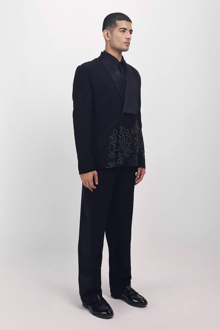 Siddhant Agrawal_Black Polyester, Velvet, Satin Embroidery Withered Grace Blazer _Online_at_Aza_Fashions