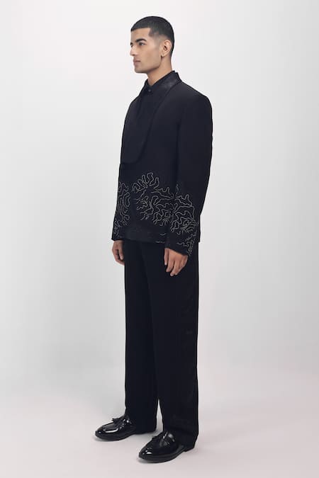 Shop_Siddhant Agrawal_Black Polyester, Velvet, Satin Embroidery Withered Grace Blazer _Online_at_Aza_Fashions