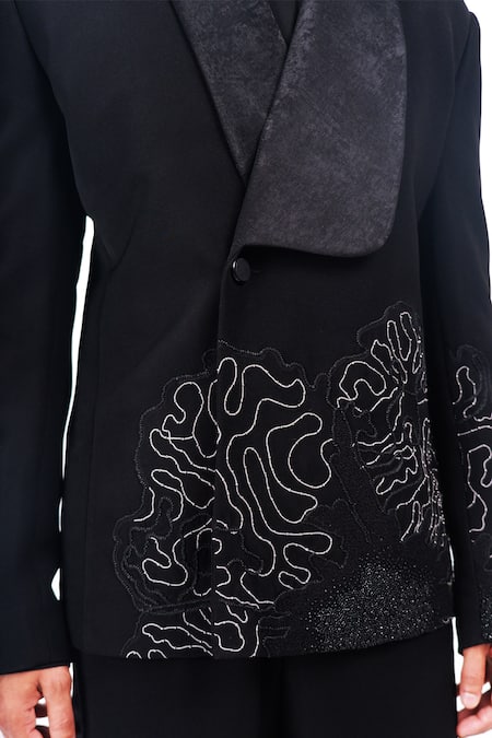 Siddhant Agrawal_Black Polyester, Velvet, Satin Embroidery Withered Grace Blazer _at_Aza_Fashions