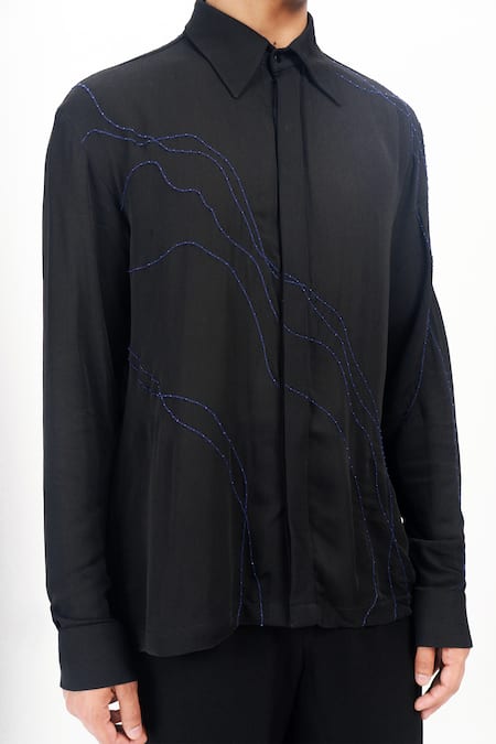 Siddhant Agrawal_Black Cotton, Georgette Embroidery, Beads Terra Whisper Shirt _at_Aza_Fashions