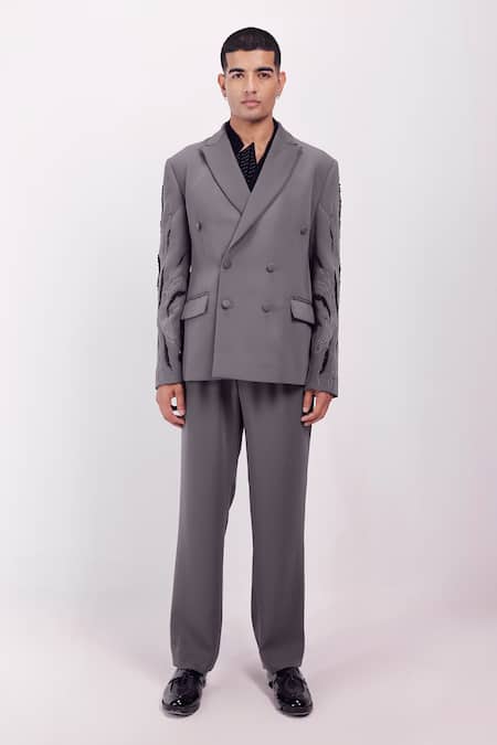 Siddhant Agrawal Gray Crepe Embroidery, Beads Ethereal Root Blazer 