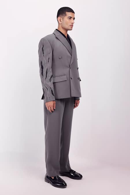 Siddhant Agrawal_Gray Crepe Embroidery, Beads Ethereal Root Blazer _Online_at_Aza_Fashions