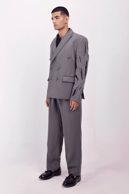 Buy_Siddhant Agrawal_Gray Crepe Embroidery, Beads Ethereal Root Blazer _Online_at_Aza_Fashions