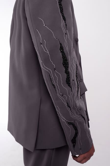 Shop_Siddhant Agrawal_Gray Crepe Embroidery, Beads Ethereal Root Blazer _Online_at_Aza_Fashions
