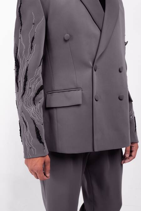 Siddhant Agrawal_Gray Crepe Embroidery, Beads Ethereal Root Blazer _at_Aza_Fashions