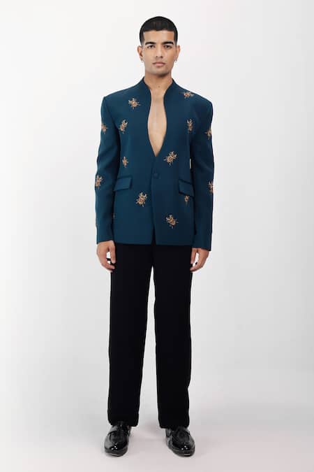 Siddhant Agrawal_Green Crepe Embroidery The Scarabloom Blazer _Online_at_Aza_Fashions