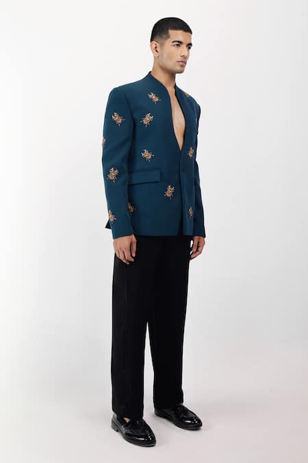 Buy_Siddhant Agrawal_Green Crepe Embroidery The Scarabloom Blazer _Online_at_Aza_Fashions