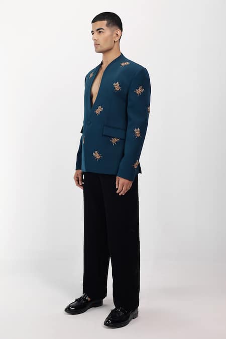 Shop_Siddhant Agrawal_Green Crepe Embroidery The Scarabloom Blazer _Online_at_Aza_Fashions