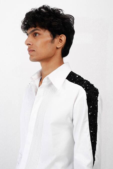 Siddhant Agrawal_White Cotton Satin Sequins, Beads, Embroidery Ivory Shadowed Glimmer Shirt _Online_at_Aza_Fashions