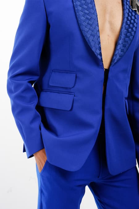 Shop_Siddhant Agrawal_Blue Polyester Buckles Celestial Bloom Blazer _Online_at_Aza_Fashions