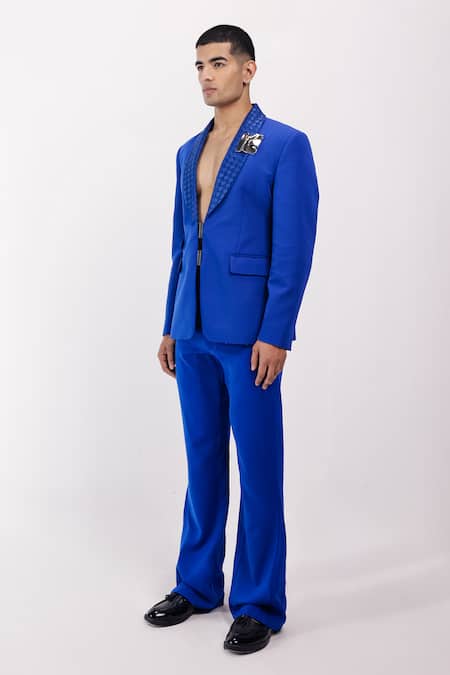 Siddhant Agrawal_Blue Polyester Buckles Celestial Bloom Blazer _at_Aza_Fashions