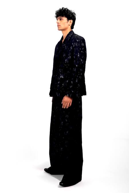 Siddhant Agrawal_Black Cotton, Silk, Lace Sequins, Embroidery Eternal Trace Pattern Blazer _Online_at_Aza_Fashions