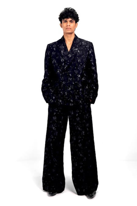 Siddhant Agrawal Black Cotton, Silk, Lace Sequins, Embroidery Eternal Trace Pattern Blazer 