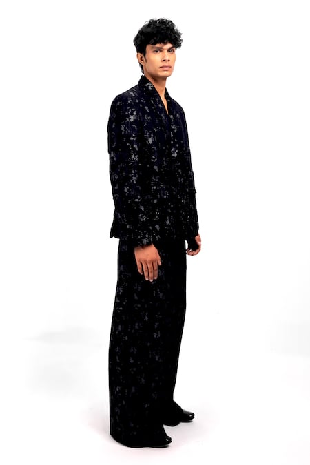 Buy_Siddhant Agrawal_Black Cotton, Silk, Lace Sequins, Embroidery Eternal Trace Pattern Blazer _Online_at_Aza_Fashions
