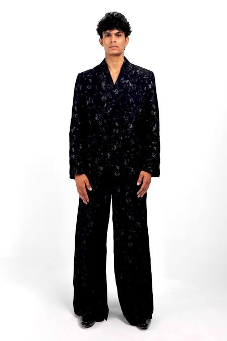 Shop_Siddhant Agrawal_Black Cotton, Silk, Lace Sequins, Embroidery Eternal Trace Pattern Blazer _Online_at_Aza_Fashions
