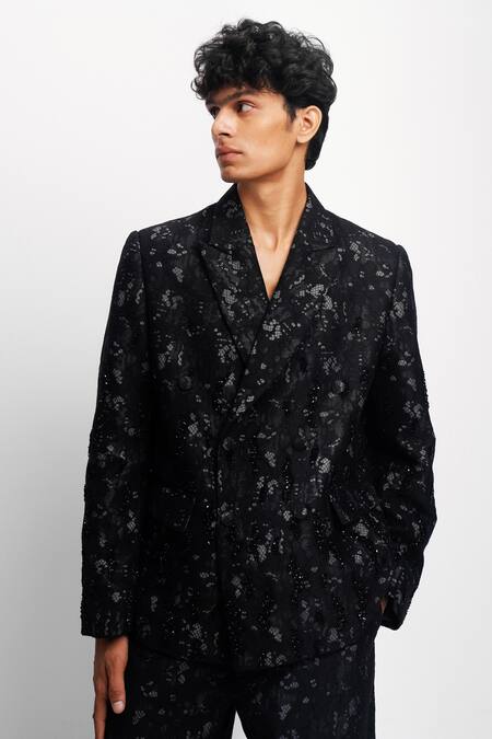 Siddhant Agrawal_Black Cotton, Silk, Lace Sequins, Embroidery Eternal Trace Pattern Blazer _at_Aza_Fashions