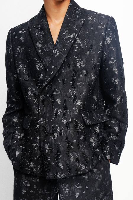 Buy_Siddhant Agrawal_Black Cotton, Silk, Lace Sequins, Embroidery Eternal Trace Pattern Blazer 