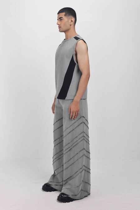 Siddhant Agrawal_Gray Cotton, Denim, Georgette Stone Whisper Trouser _Online_at_Aza_Fashions