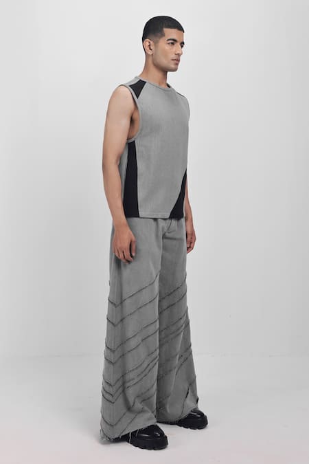Shop_Siddhant Agrawal_Gray Cotton, Denim, Georgette Stone Whisper Trouser _Online_at_Aza_Fashions