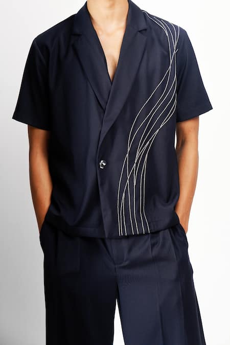 Shop_Siddhant Agrawal_Navy Beads, Embroidery Cobalt Root Shirt _Online_at_Aza_Fashions