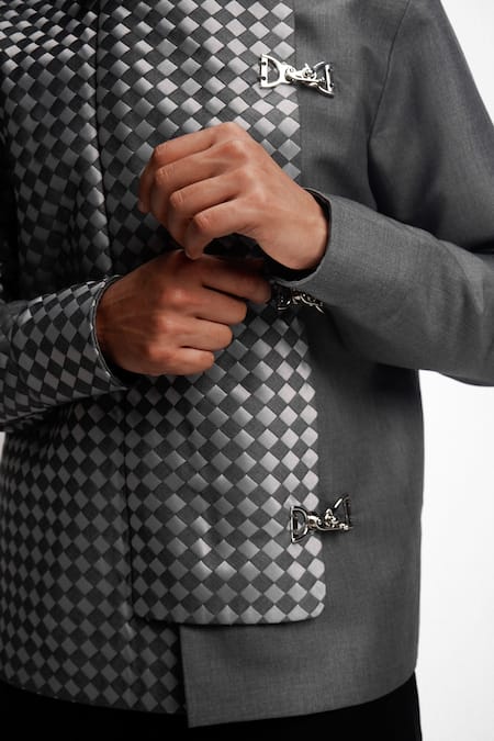 Shop_Siddhant Agrawal_Gray Greyfall Weftmire Jacket _Online_at_Aza_Fashions