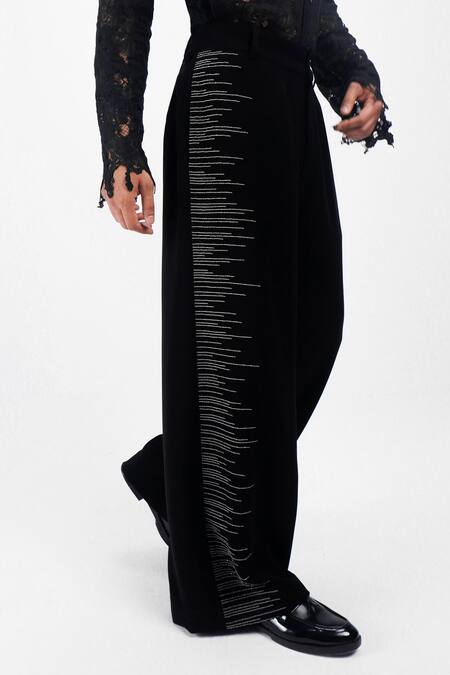 Siddhant Agrawal_Black Crepe, Cotton Embroidery, Beads Glitch Root Trouser _Online_at_Aza_Fashions