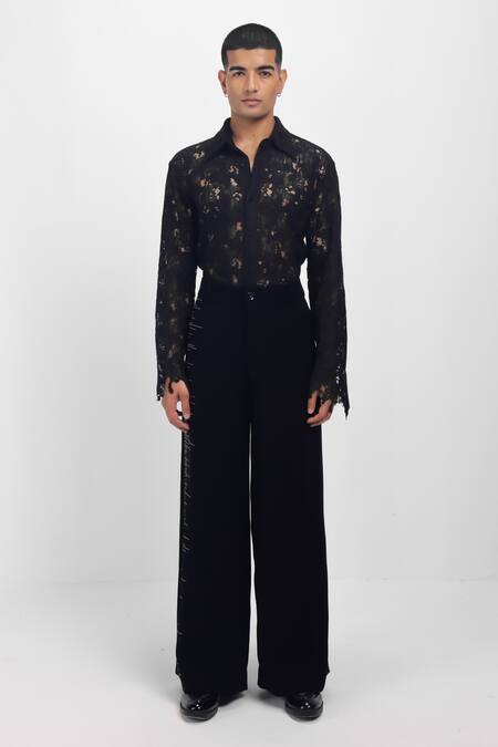 Shop_Siddhant Agrawal_Black Crepe, Cotton Embroidery, Beads Glitch Root Trouser _Online_at_Aza_Fashions