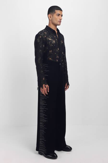 Siddhant Agrawal_Black Crepe, Cotton Embroidery, Beads Glitch Root Trouser _at_Aza_Fashions