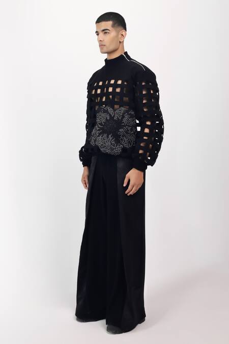 Siddhant Agrawal_Black Crepe Embroidery, Applique Ashen Blossom Sweatshirt _Online_at_Aza_Fashions