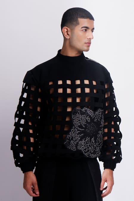 Siddhant Agrawal Black Crepe Embroidery, Applique Ashen Blossom Sweatshirt 