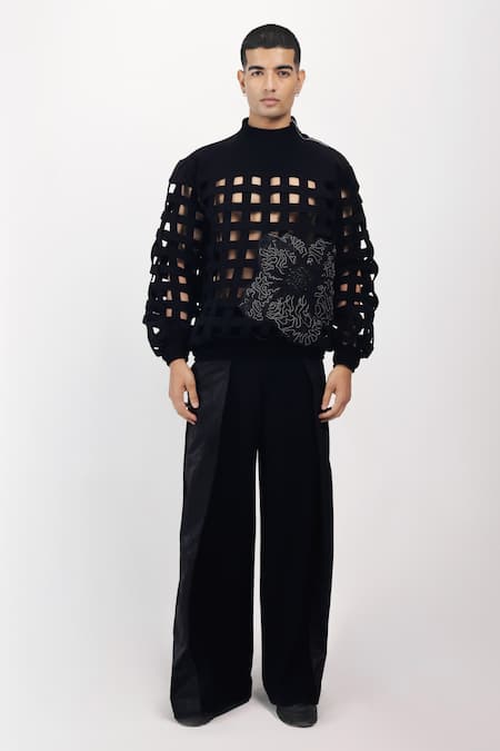 Buy_Siddhant Agrawal_Black Crepe Embroidery, Applique Ashen Blossom Sweatshirt _Online_at_Aza_Fashions