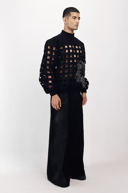 Shop_Siddhant Agrawal_Black Crepe Embroidery, Applique Ashen Blossom Sweatshirt _Online_at_Aza_Fashions