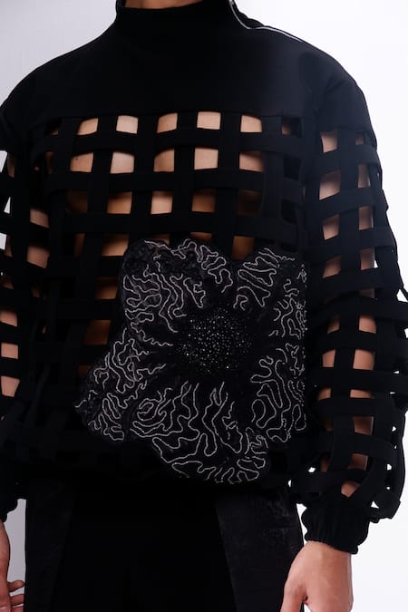Siddhant Agrawal_Black Crepe Embroidery, Applique Ashen Blossom Sweatshirt _at_Aza_Fashions