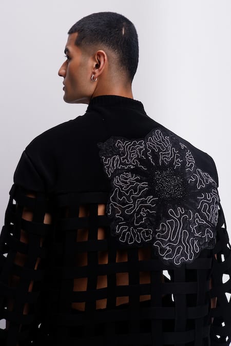 Buy_Siddhant Agrawal_Black Crepe Embroidery, Applique Ashen Blossom Sweatshirt 