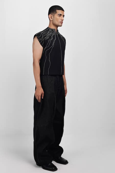 Siddhant Agrawal_Black Denim, Cotton Ashroot Whorl Trouser _Online_at_Aza_Fashions