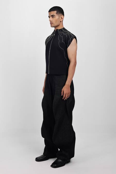 Buy_Siddhant Agrawal_Black Denim, Cotton Ashroot Whorl Trouser _Online_at_Aza_Fashions
