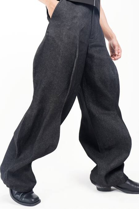 Shop_Siddhant Agrawal_Black Denim, Cotton Ashroot Whorl Trouser _Online_at_Aza_Fashions